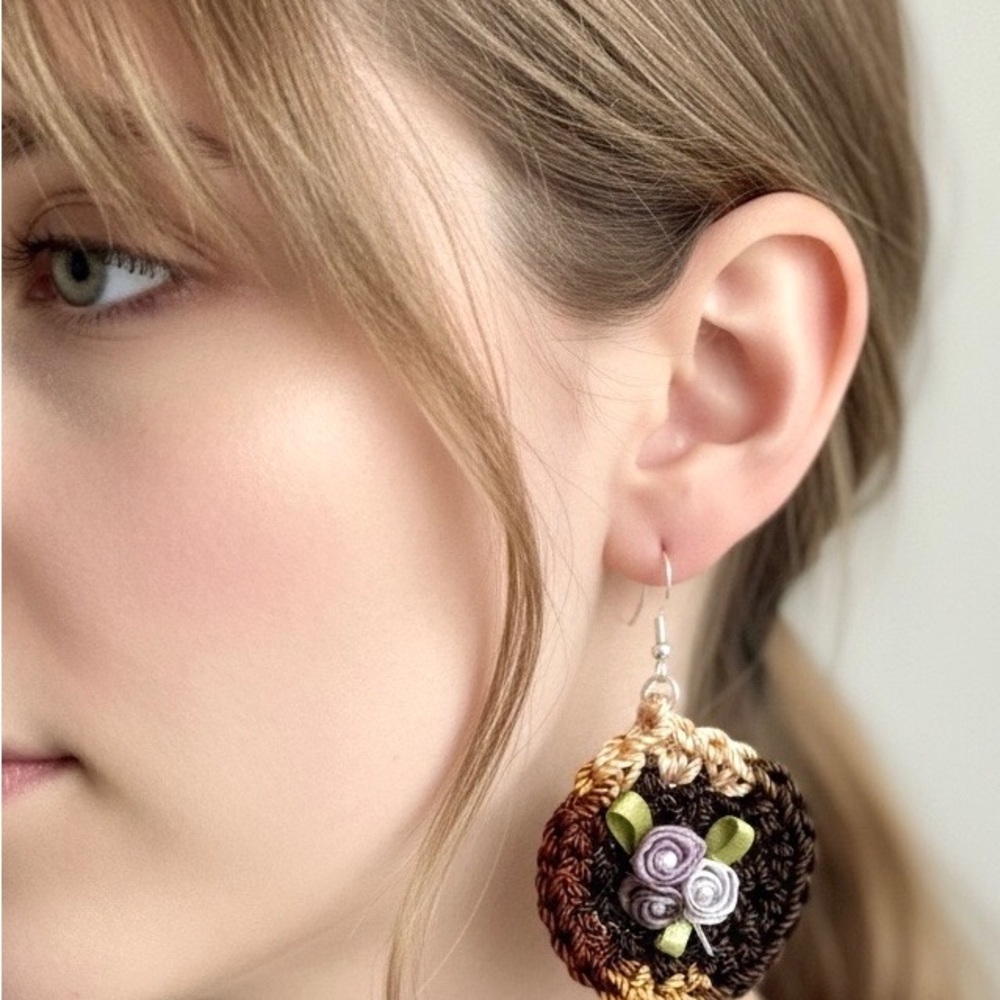 Crocheted Brown and Cream Floral Drop Earrings — Lightweight Handmade Style